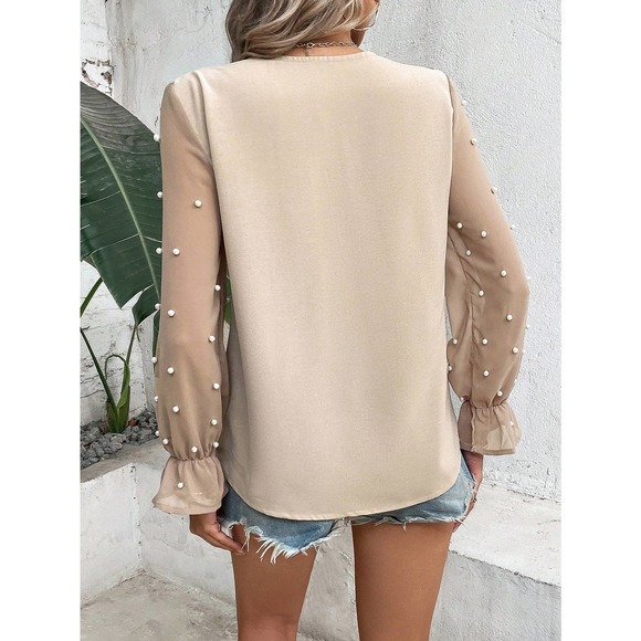 Preppy Contrast Mesh Pearl embellished Flounce Sleeve V Neck Blouse - Picture 4 of 6